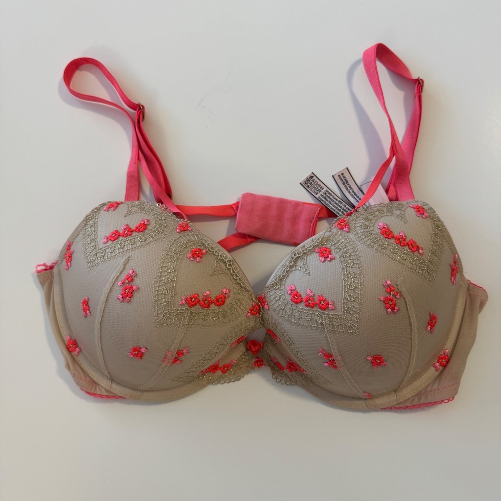 Victoria's Secret Dream Angels Push Up Bra 36C Tan Gold Heart Pink Floral Embro